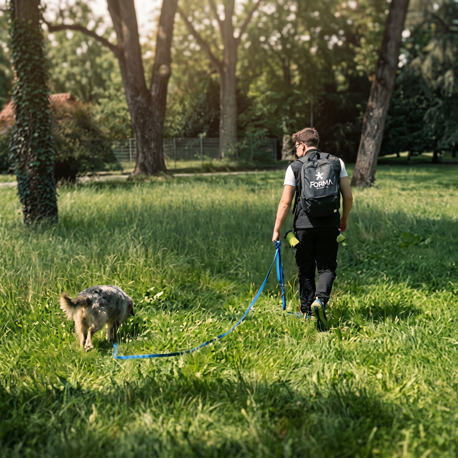 Dog walker professionista passeggia con un cane per le strade di Bergamo